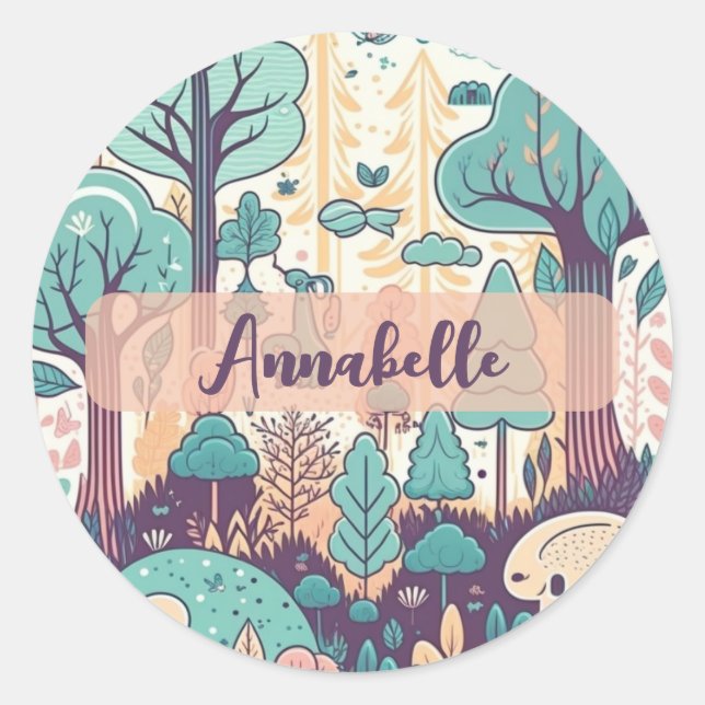 Sticker Rond Kawaii Cute Forêt Magique Personnalisée (Devant)