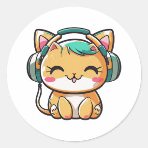 Sticker Rond Kawaii Cute Happy Chat coloré avec casque
