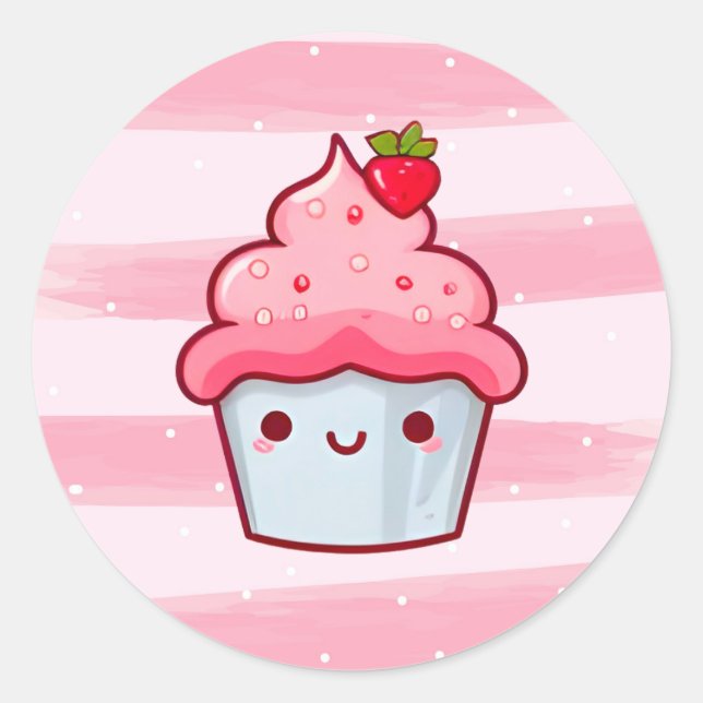 Sticker Rond Kawaii cute Japanese pink cartoon cupcake food (Devant)