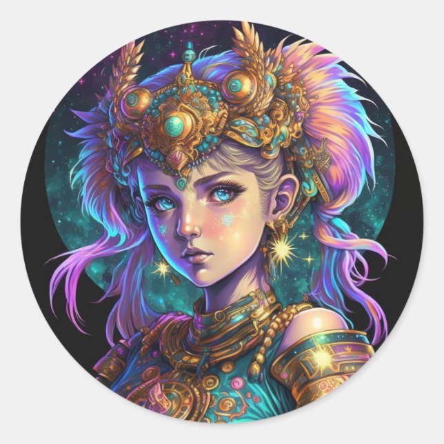 Sticker Rond Kawaii fille guerrière spatiale (Devant)