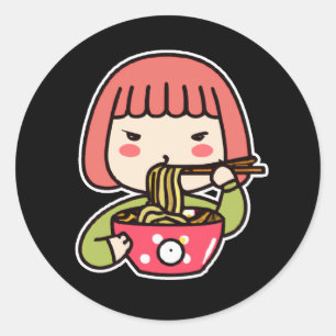 Sticker Rond Kawaii Fille mangeant Ramen avec baguettes