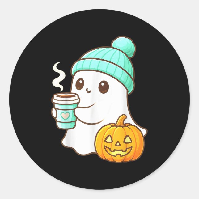 Sticker Rond Kawaii Ghost With Pumpkin Coffee Cozy Halloween Au (Devant)