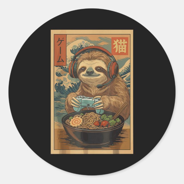 Sticker Rond Kawaii Japanese Ramen Sloth Retro Gaming Shirts Fo (Devant)