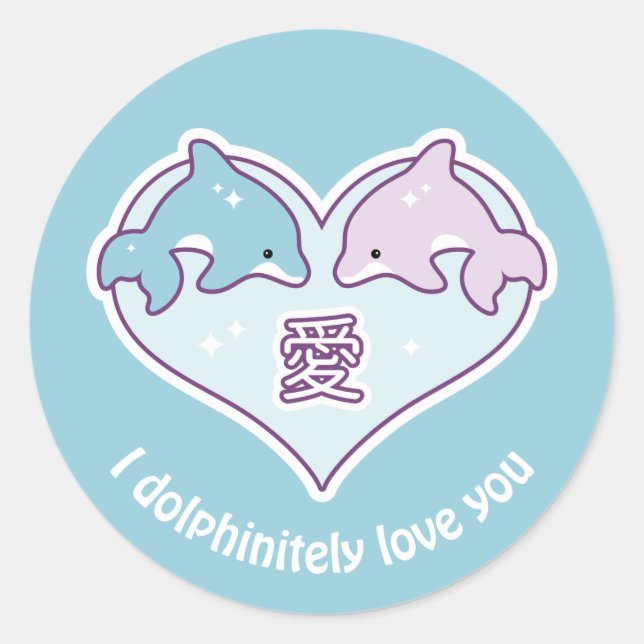 Sticker Rond Kawaii Love Dolphins (Devant)