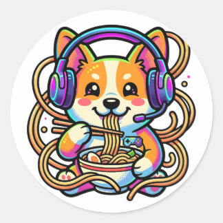 Sticker Rond Kawaii Mignon Badge de Corgi Joueur mangeant du Ra