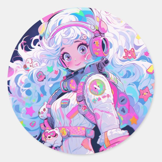 Sticker Rond Kawaii Moe Pastel Astronaut spatial Anime Girl (Devant)