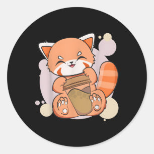 Sticker Rond Kawaii Panda Rouge Boire Café Coupe Ours Anime