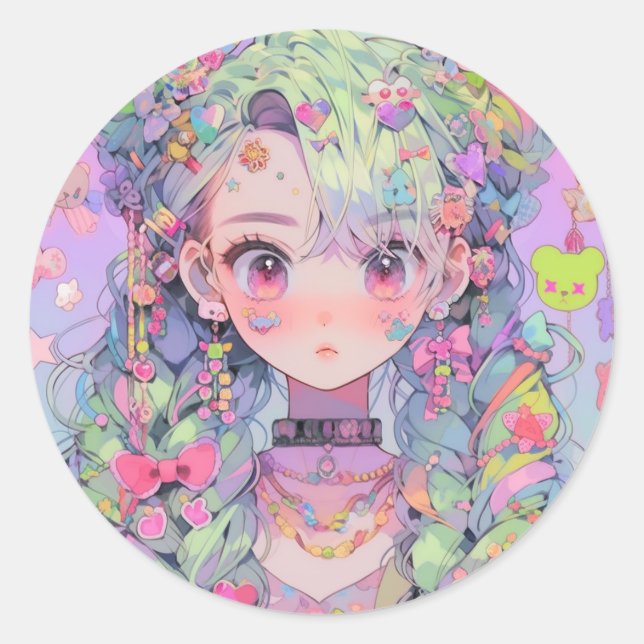Sticker Rond Kawaii Pastel Harajuku Anime Girl avec tresses (Devant)