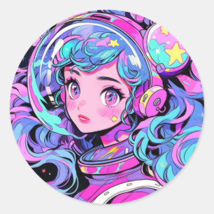 Sticker Rond Kawaii Pastel Rose et Blue Space Anime Girl