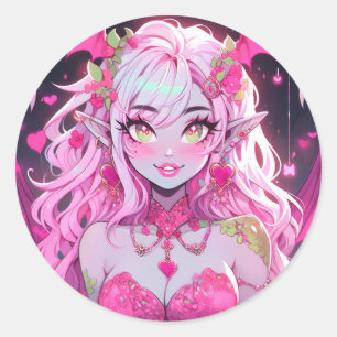 Sticker Rond Kawaii Pinkcore Imaginaire Demon Anime Girl