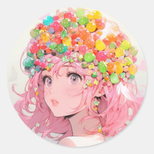 Sticker Rond Kawaii Rainbow Pastel Candy Champagne Anime Girl