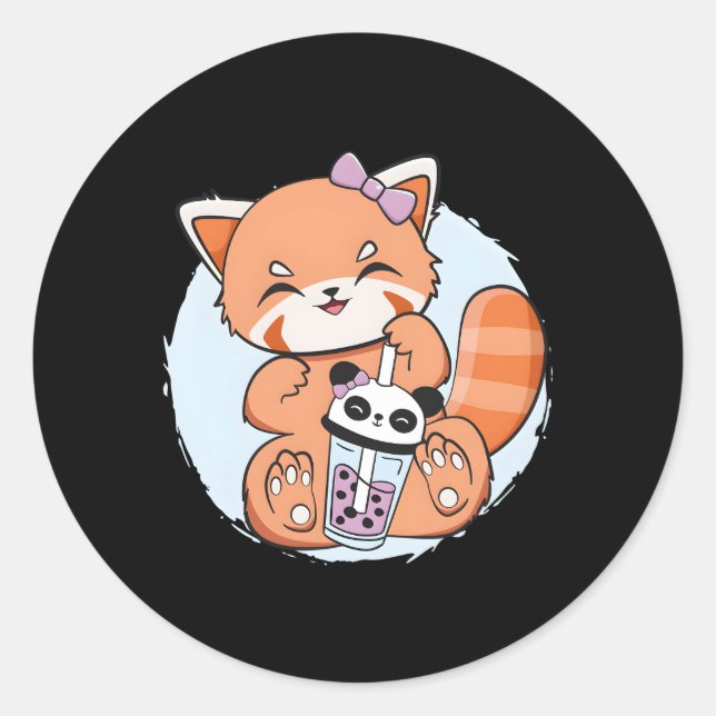 Sticker Rond Kawaii Red Panda Boba Anime Pearl Bubble Tea Otaku (Devant)