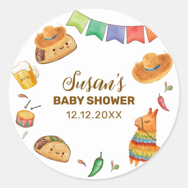 Sticker Rond Kawaii Rustic Fiesta Taco Bout Un Baby shower (Devant)