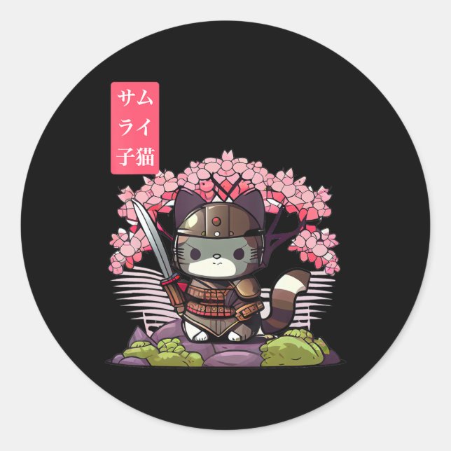 Sticker Rond Kawaii Samurai Kitten avec fleurs de cerisier japo (Devant)