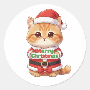 Sticker Rond Kawaii Santa Cat Joyeux Noël