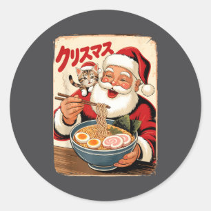 Sticker Rond Kawaii Santa mangeant des nouilles Ramen Noël japo