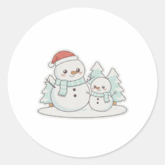Sticker Rond Kawaii Snowman Family Cute Christmas T-Shirt 