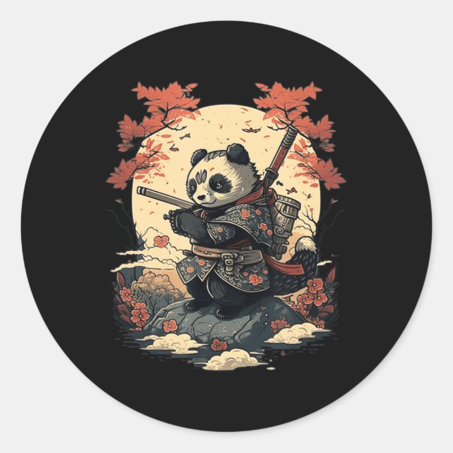 Sticker Rond Kawaii Style japonais Samurai Anime Panda (Devant)
