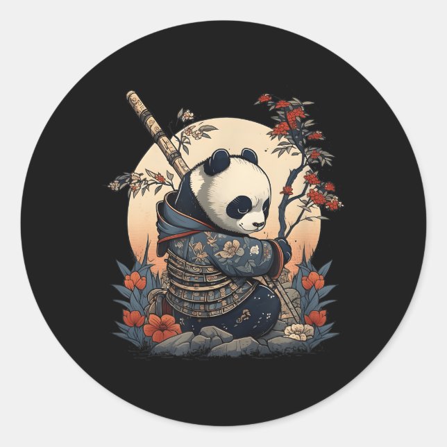 Sticker Rond Kawaii Style japonais Samurai Anime Panda (Devant)