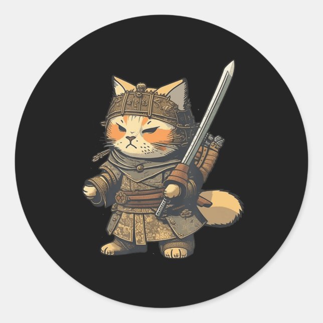 Sticker Rond Kawaii Style japonais Samurai Cat Anime (Devant)