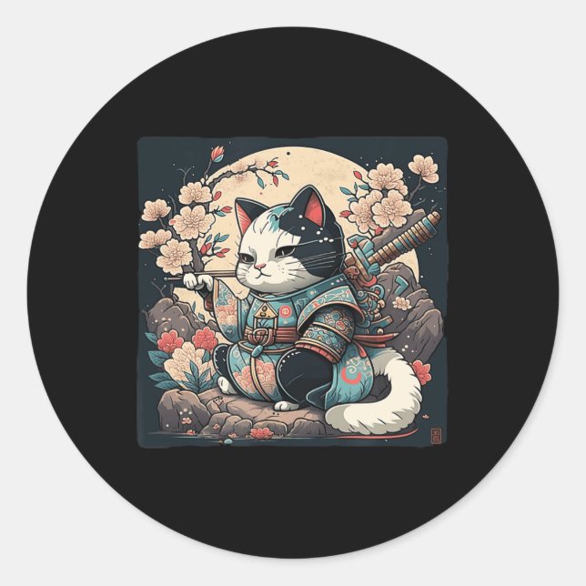Sticker Rond Kawaii Style japonais Samurai Chat Kitten Anime (Devant)