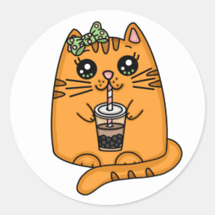 Sticker Rond Kawaii Style Kitty Chat avec Bubbly Tea 