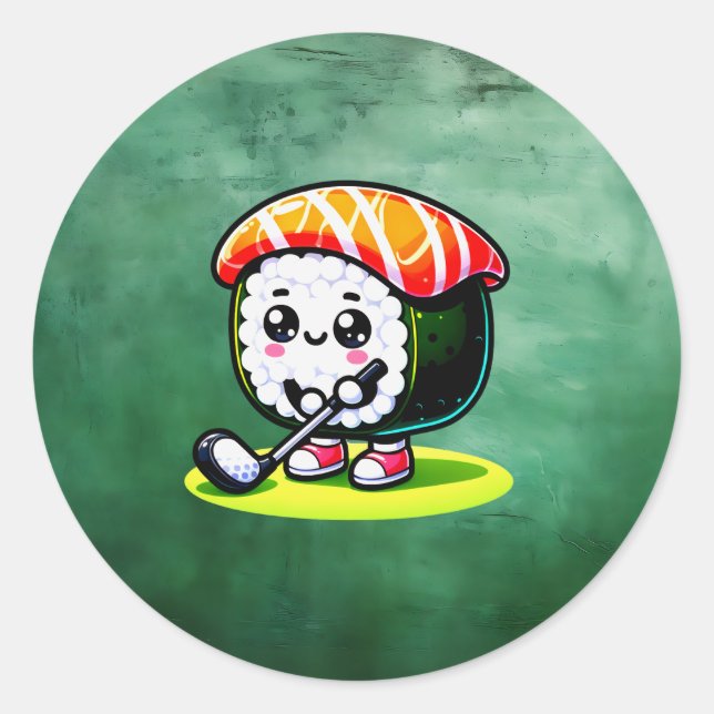 Sticker Rond Kawaii Sushi jouant au golf (Devant)