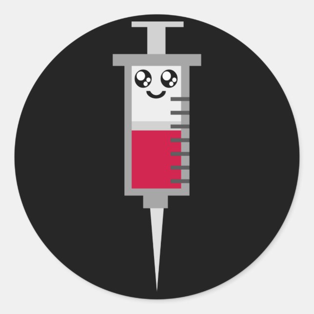 STICKER ROND KAWAII SYRINGE TIRÉ MÉDICALE HEUREUX VISAGE (Devant)