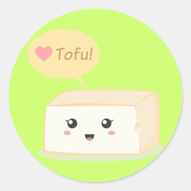Sticker Rond Kawaii tofu demande aux gens d'aimer le tofu (Devant)