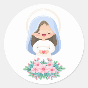 Sticker Rond Kawaii Vierge Marie tenant un cœur - Blanc