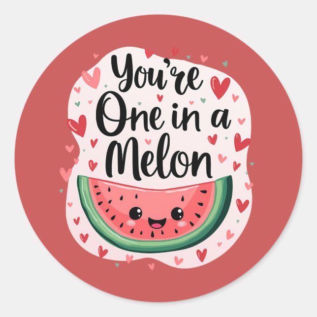Sticker Rond Kawaii "You're One in a Melon" Cute Watermelon Pun (Devant)