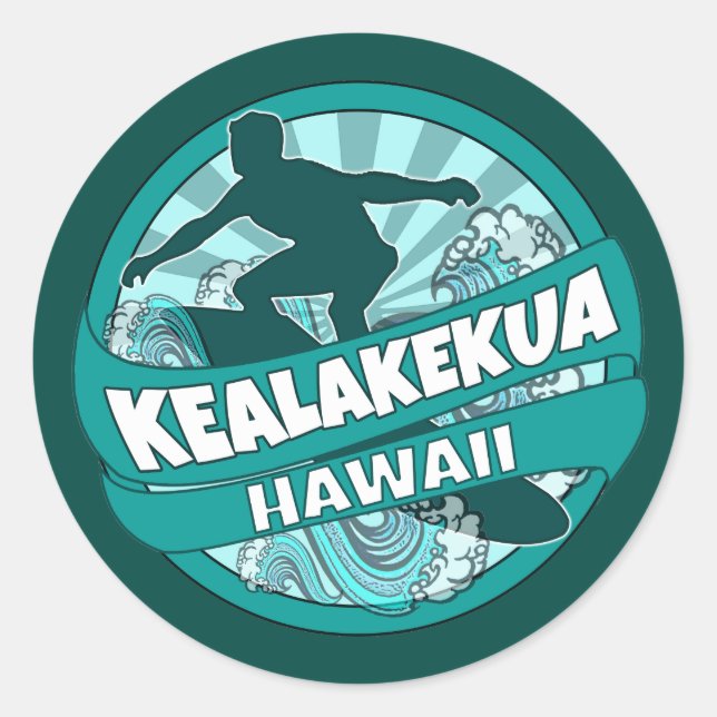 Sticker Rond Kealakekua Hawaii logo turquoise surfer (Devant)