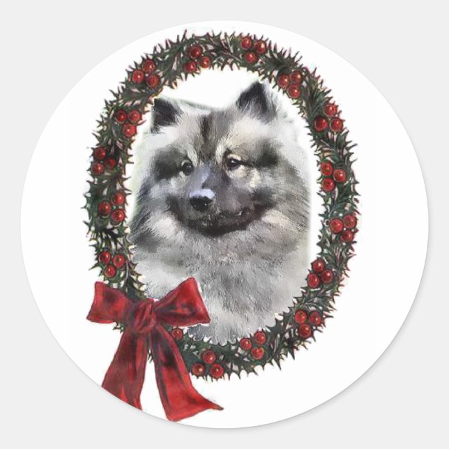 Sticker Rond Keeshond cadeaux de Noël (Devant)