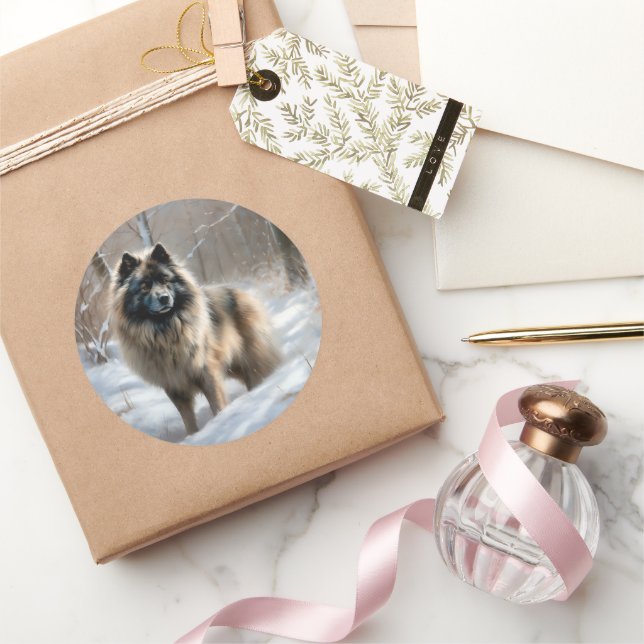 Sticker Rond Keeshond Qu'Il Neige Noël (Cadeaux)