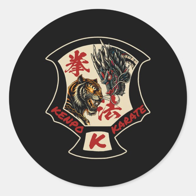 Sticker Rond Kenpo Karate Martial Art Self Defense Tiger Dragon (Devant)