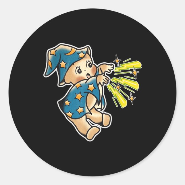 Sticker Rond Kewpie Baby Wizard traditionnel Tattoo Flash (Devant)
