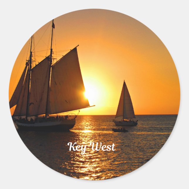 Sticker Rond Key West, coucher de soleil et voiliers, (Devant)
