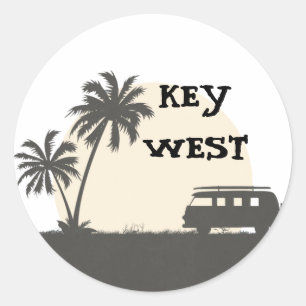 Sticker Rond Key West Hippy Van et Surf Board en clair de lune
