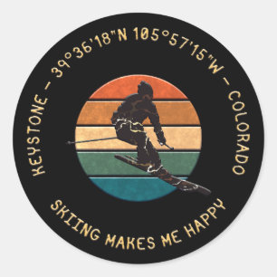 Sticker Rond Keystone, Colorado - Homme Skier, Texte Jaune