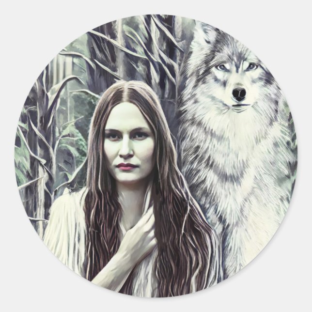 Sticker Rond Kickapoo Indian Brujah White Wolf art original (Devant)