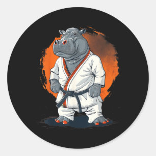 Sticker Rond Kickboxing Hippopotame Taekwondo Karaté MMA Drôle