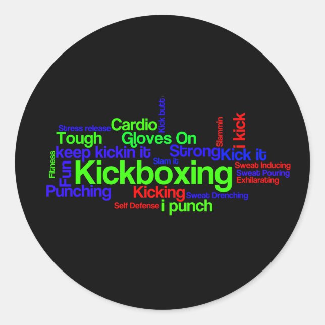 Sticker Rond Kickboxing Word Cloud brillant sur noir (Devant)