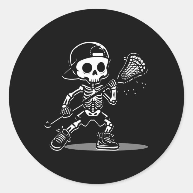 Sticker Rond Kid Halloween Squelette Jouer Lacrosse Sport Jouer (Devant)