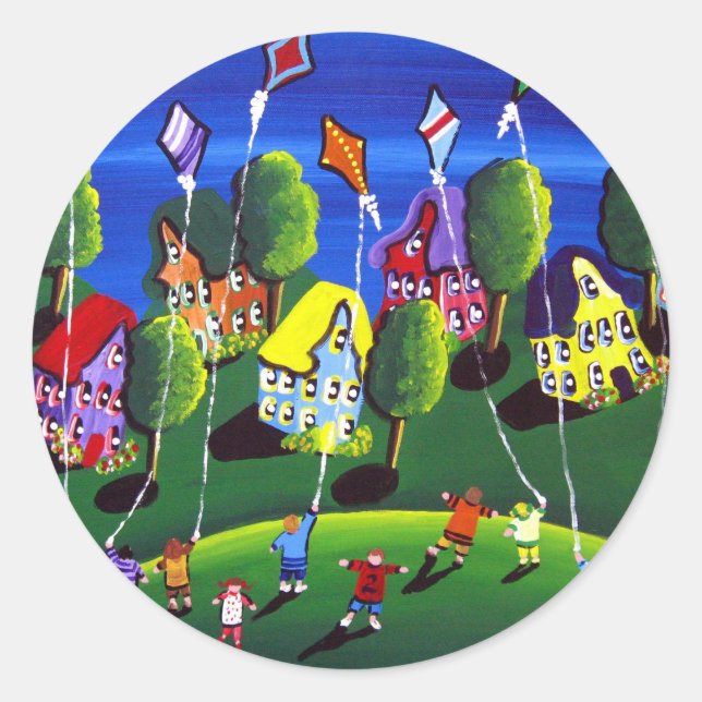 Sticker Rond Kids Flying Kites Folk Art (Devant)