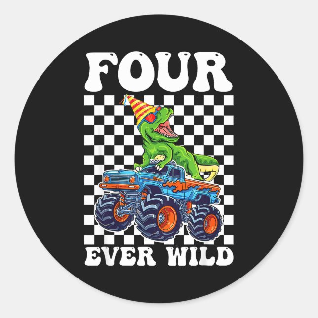 Sticker Rond Kids Four Ever Wild Dinosaur Monster Truck 4th Bir (Devant)