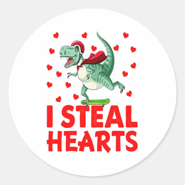 Sticker Rond Kids I Steal Hearts Dinosaur Valentines Day For Ba (Devant)