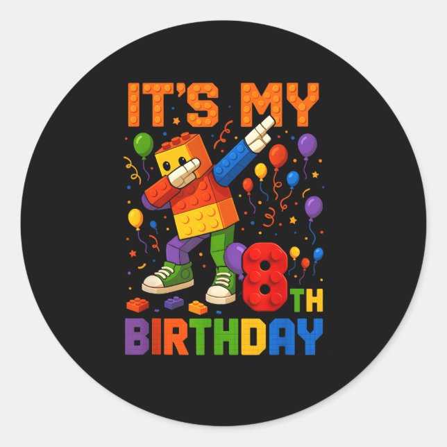 Sticker Rond Kids Its My 8th Birthday Building Blocks 8 Years O (Devant)