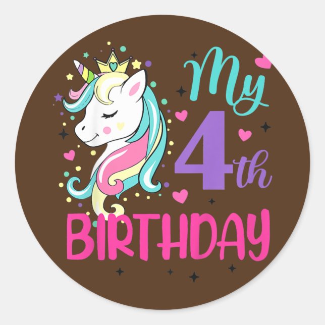 Sticker Rond Kids My 4th Birthday Cute Unicorn Lover Birthday (Devant)