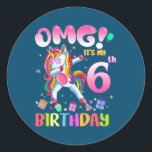 Sticker Rond Kids OMG It's My 6th Birthday Girls Dabbing<br><div class="desc">Kids OMG It's My 6th Birthday Girls Dabbing Unicorn Poison. Parfait pour papa,  maman,  papa,  men,  women,  friend et family members on Thanksgiving Day,  Christmas Day,  Mothers Day,  Fathers Day,  4th of July,  1776 Independent Day,  Vétérans Day,  Halloween Day,  Patrick's Day</div>