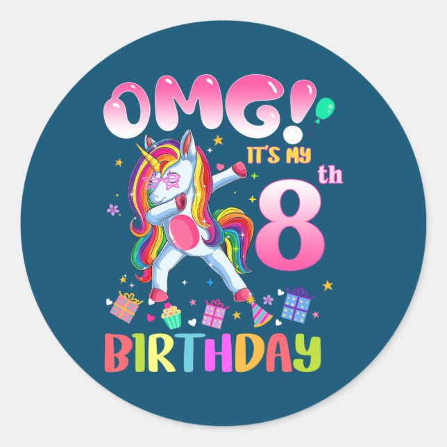Sticker Rond Kids OMG It's My 8th Birthday Girls Dabbing (Devant)